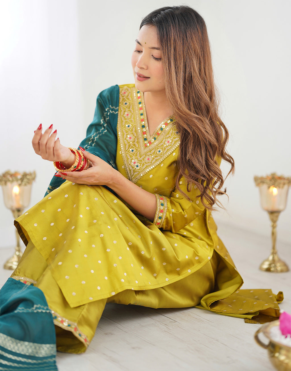 Mustard Jacquard Woven Kurta Set with Silk Blend Pant & Dupatta