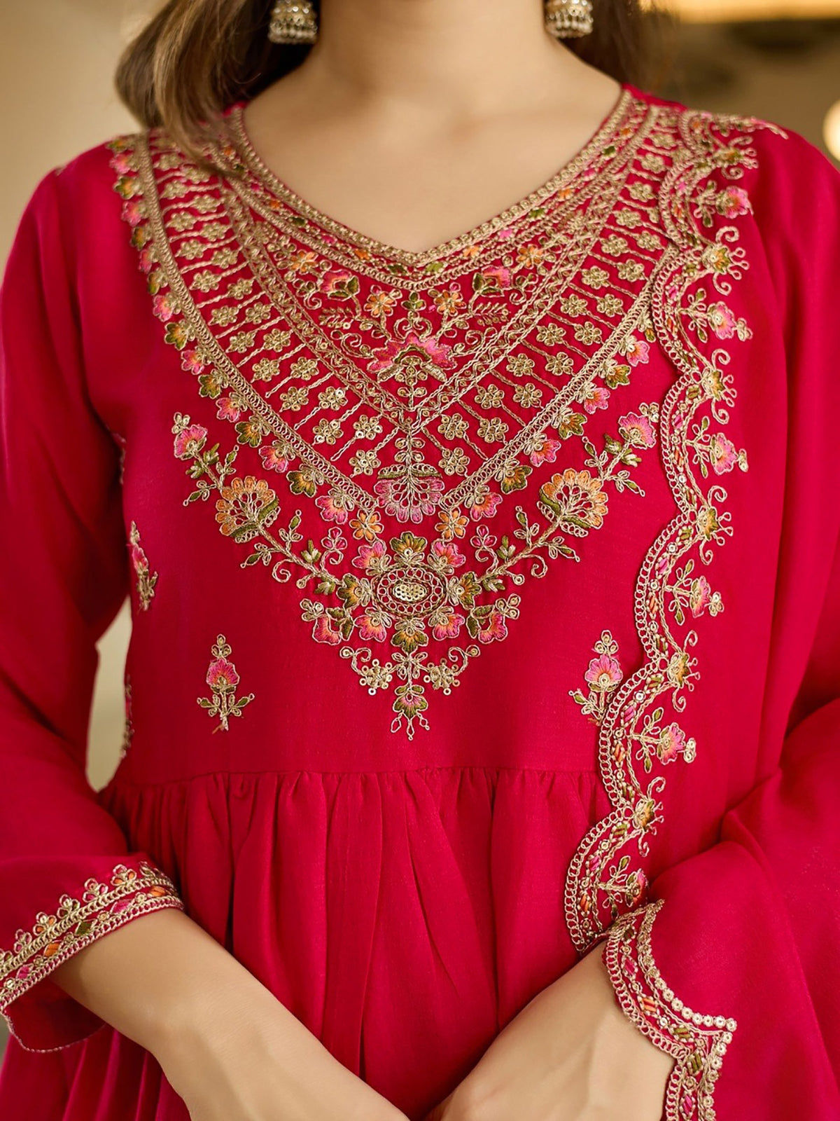 Pink Embroidered Vichitra Anarkali Sharara Set with Dupatta