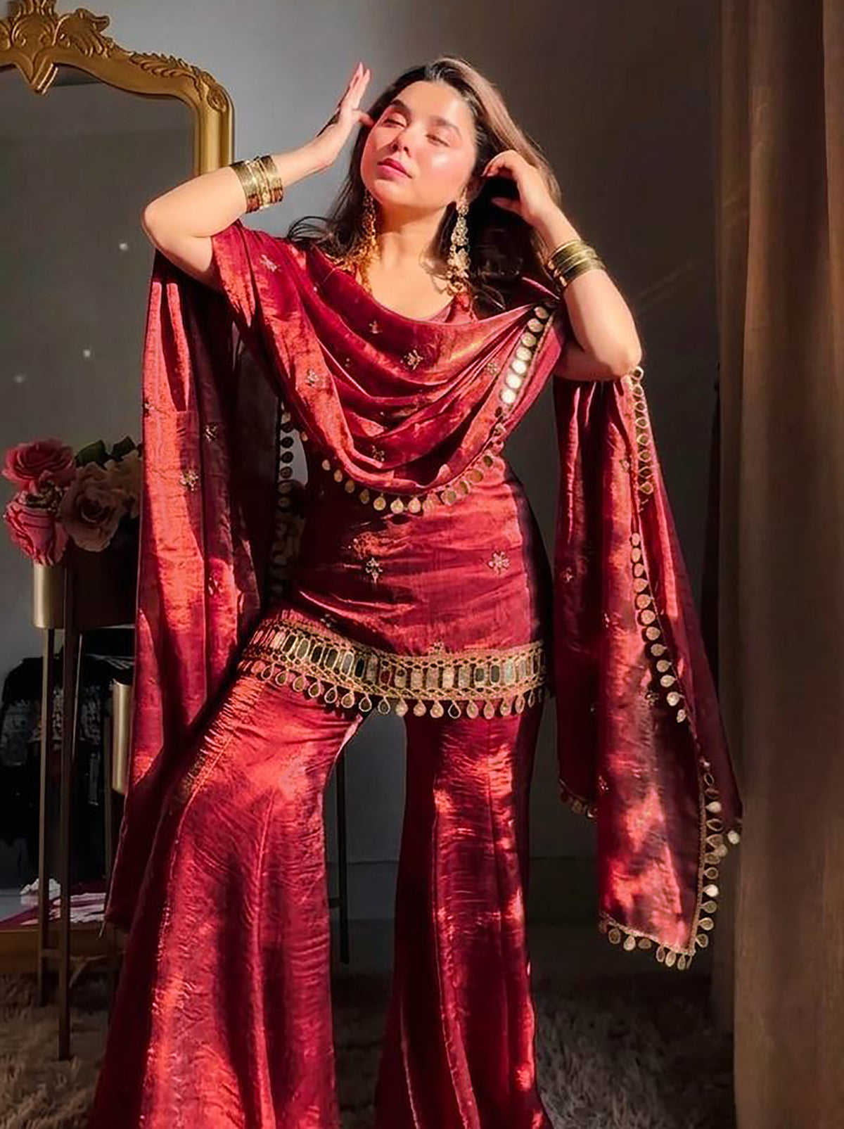 Maroon Fendy Silk Sharara Set with Mirror Work & Dupatta