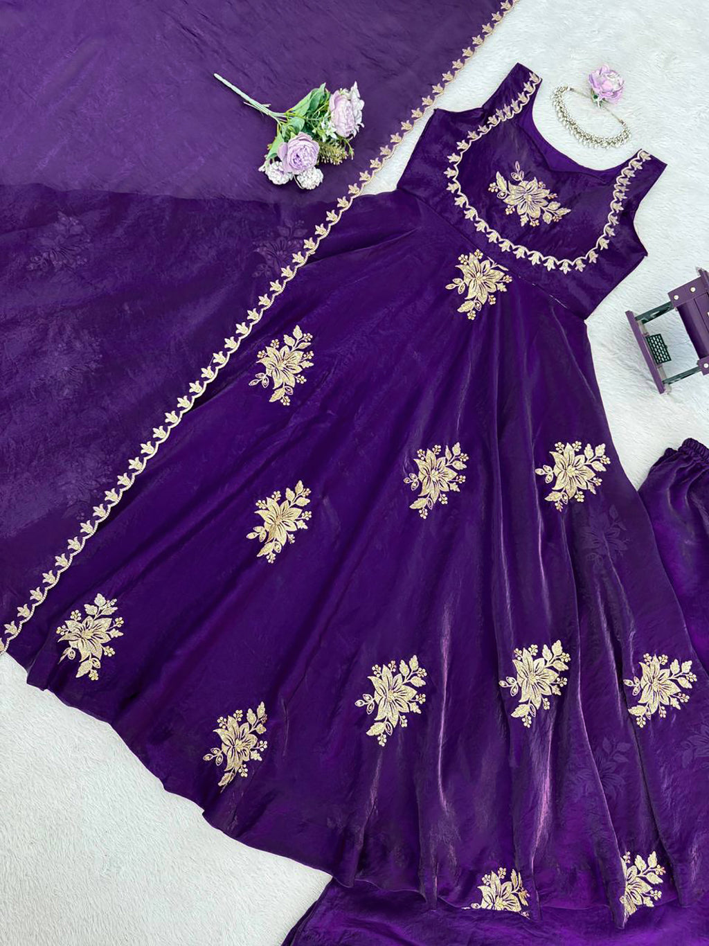 Violet Fendy Silk Anarkali Suit with Zari Sequin Work & Dupatta