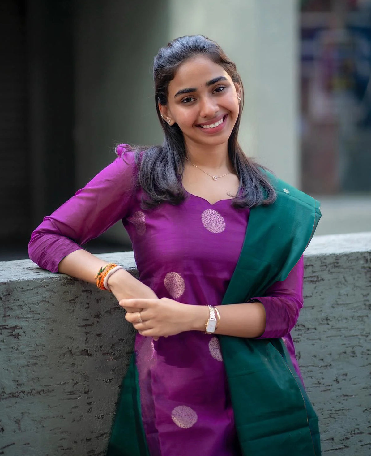 Purple Green Art Silk Kurta Pant Dupatta Set for Women