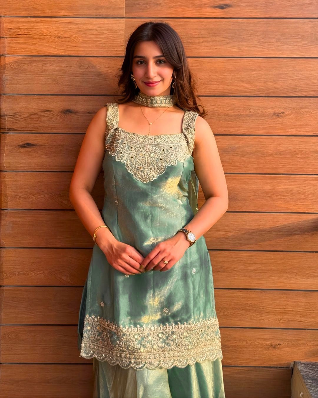Mint Green Fendy Silk Sharara Suit with Sequin Embroidery & Dupatta