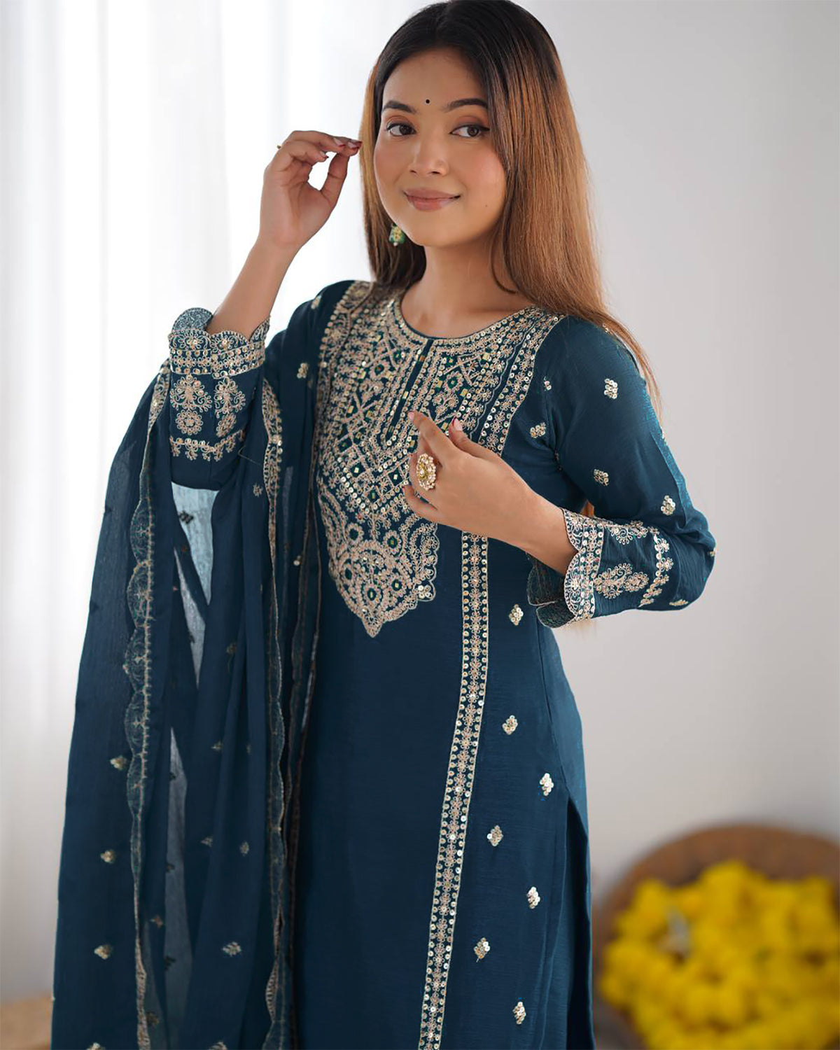 Cerulean Blue Embroidered Tesla Kurta Set with Vichitra Dupatta