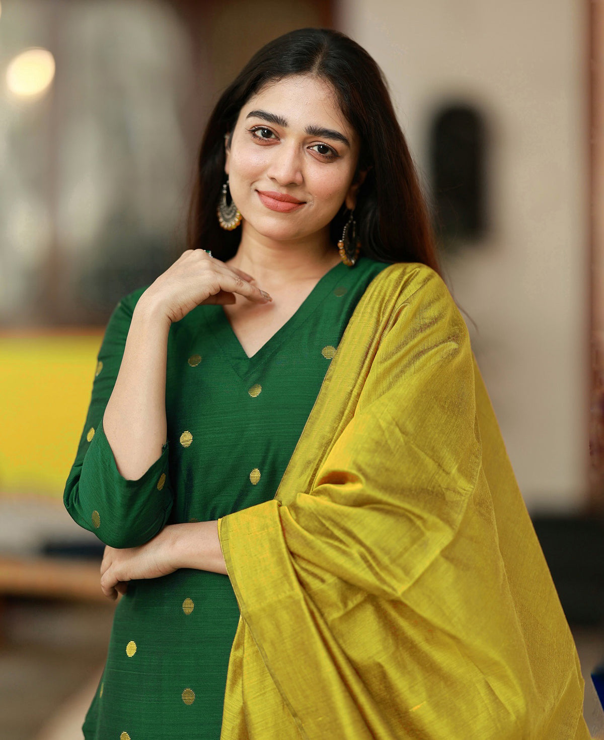 Green Art Silk Woven Kurta Set with Yellow Dupatta