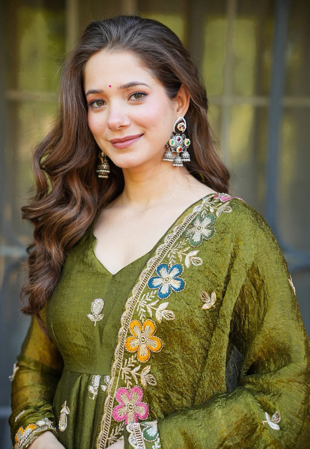 Olive Green Floral Embroidered Anarkali Suit Set with Palazzo & Dupatta