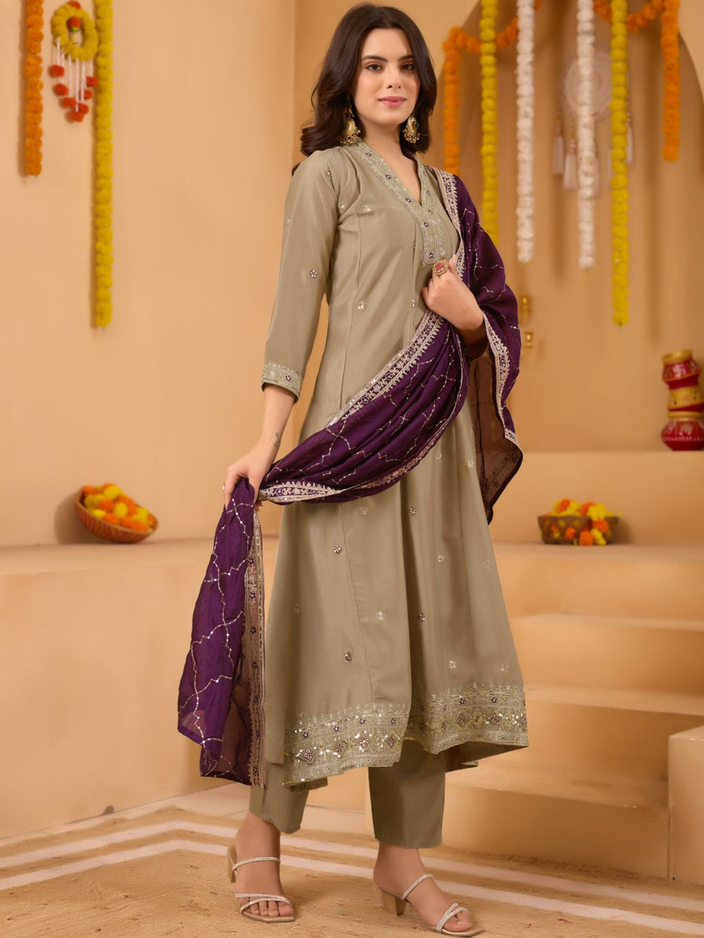 Beige Embroidered Vichitra Anarkali Kurta Set with Wine Dupatta