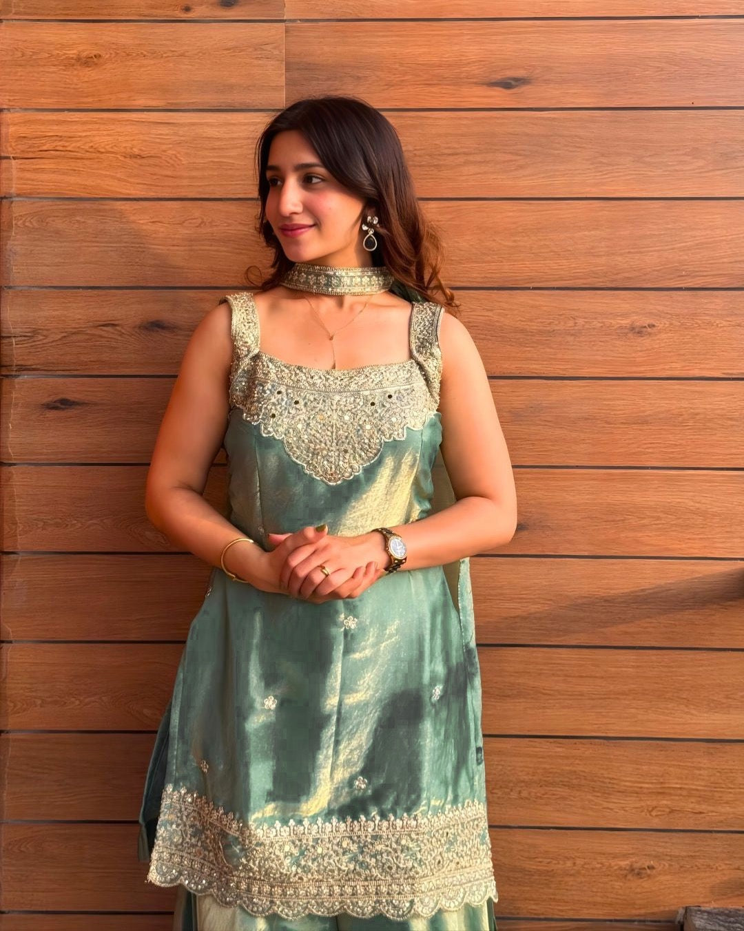 Mint Green Fendy Silk Sharara Suit with Sequin Embroidery & Dupatta