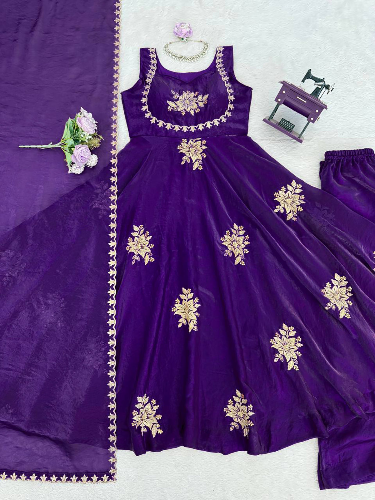 Violet Fendy Silk Anarkali Suit with Zari Sequin Work & Dupatta