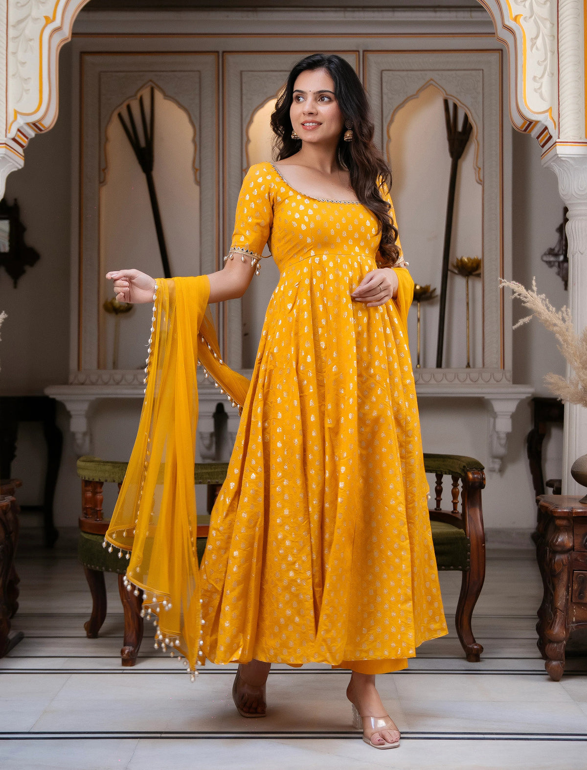 Yellow Chanderi Jacquard Anarkali Suit with Mirror Work & Dupatta