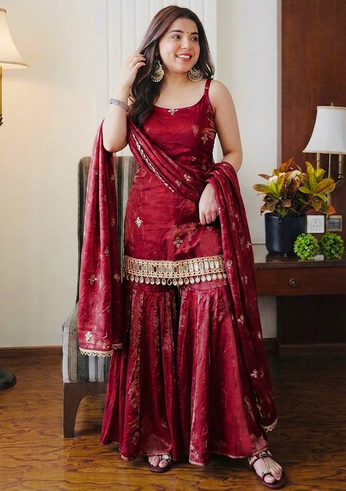 Maroon Fendy Silk Sharara Set with Mirror Work & Dupatta