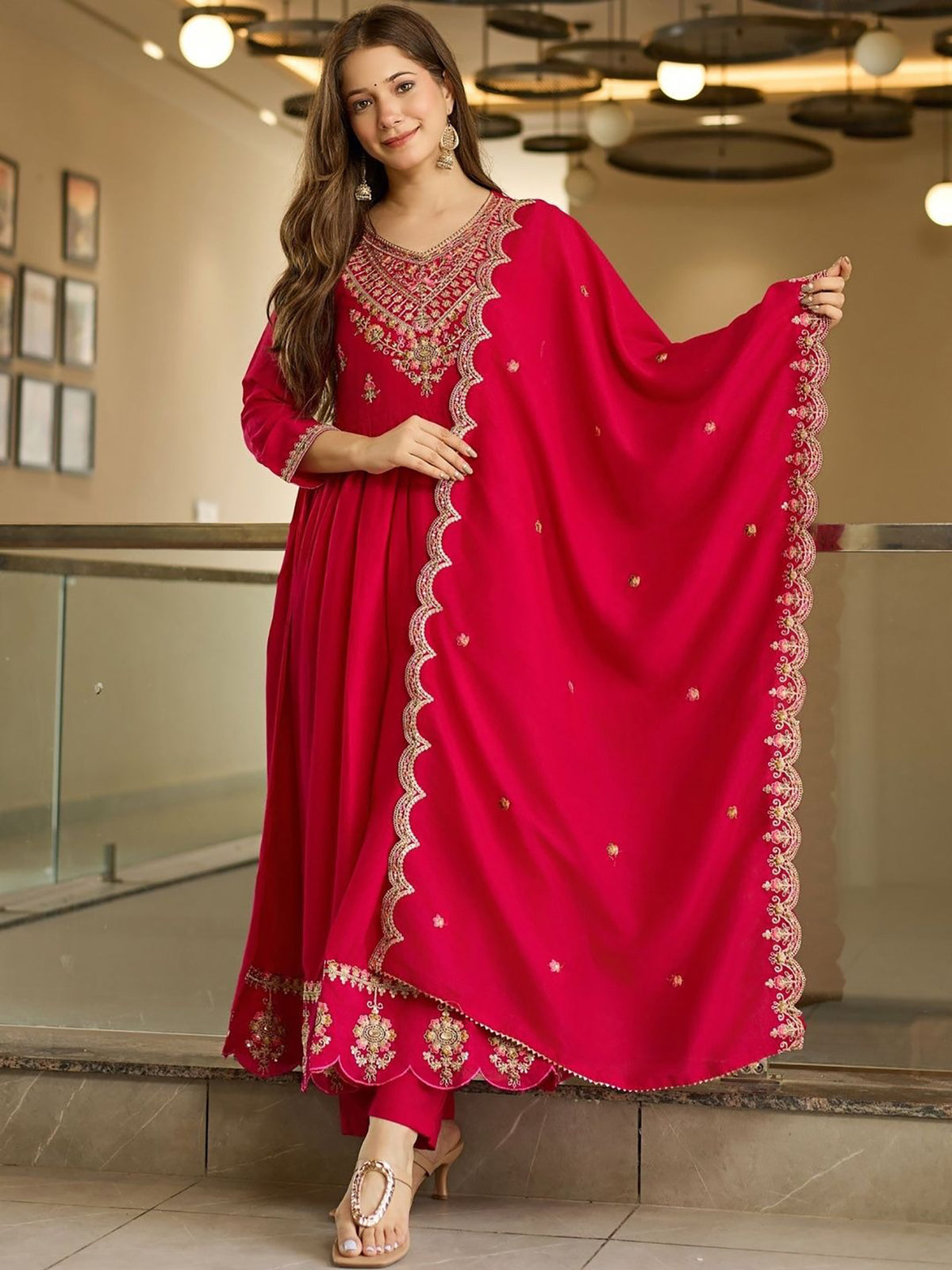 Pink Embroidered Vichitra Anarkali Suit Set with Pant & Embroidered Dupatta