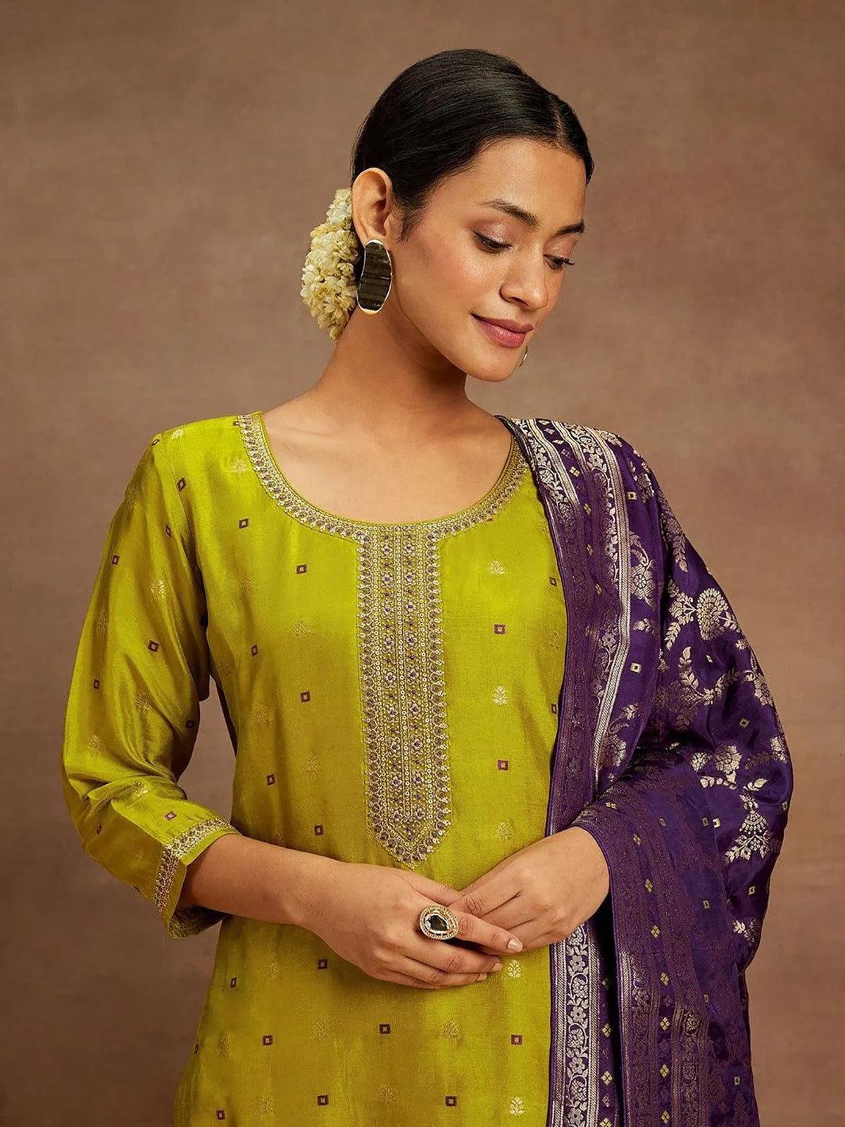 Mustard Purple Art Silk Kurta Pant Dupatta Set for Women