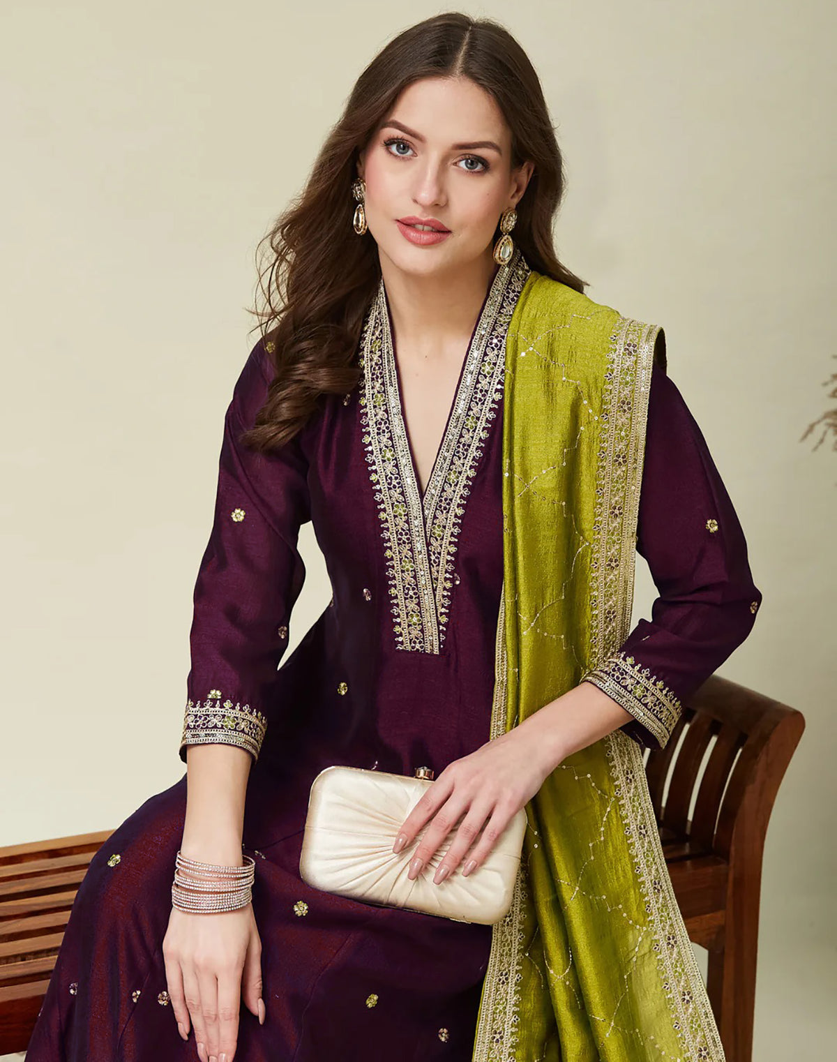 Wine Embroidered Vichitra Anarkali Kurta Set with Green Dupatta