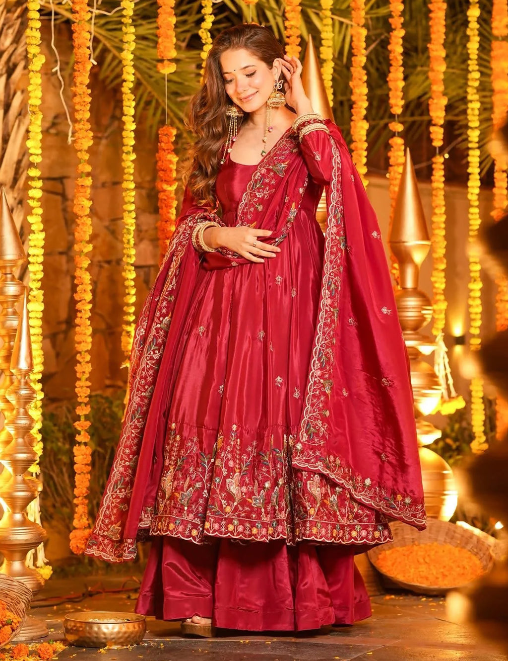 Red Floral Embroidered French Crepe Anarkali Suit Set with Palazzo & Dupatta