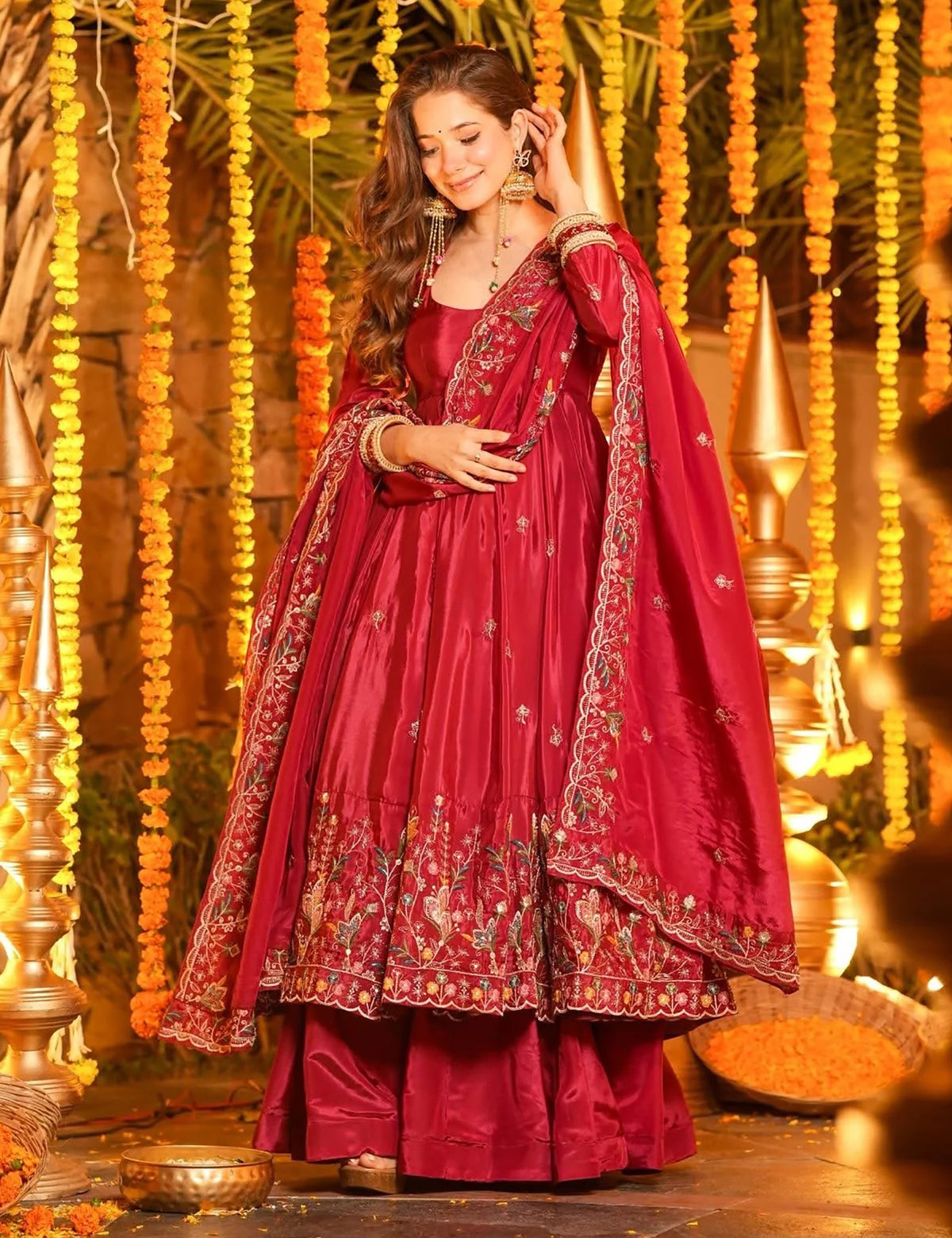 Red Floral Embroidered French Crepe Anarkali Suit Set with Palazzo & Dupatta