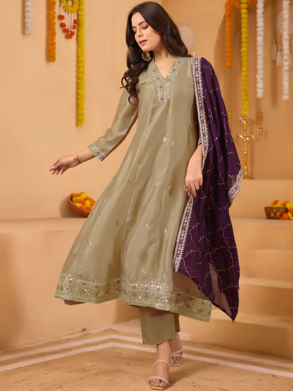 Beige Embroidered Vichitra Anarkali Kurta Set with Wine Dupatta