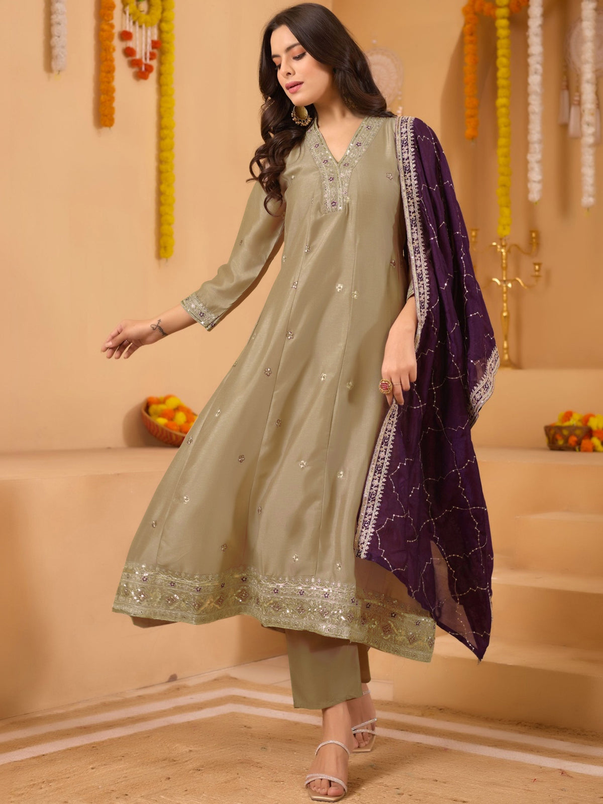 Beige Embroidered Vichitra Anarkali Kurta Set with Wine Dupatta