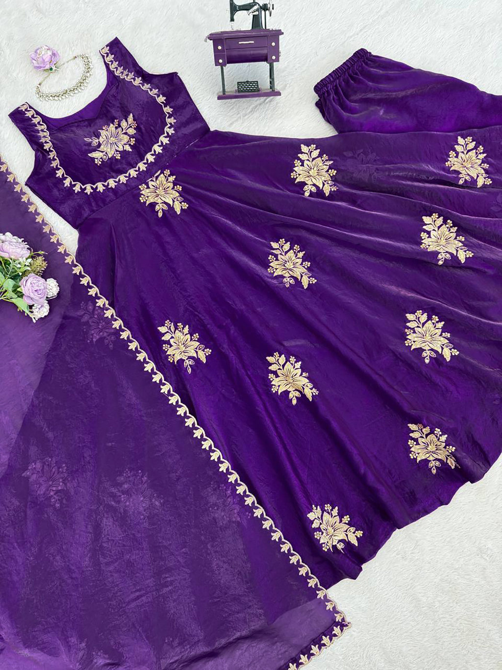 Violet Fendy Silk Anarkali Suit with Zari Sequin Work & Dupatta