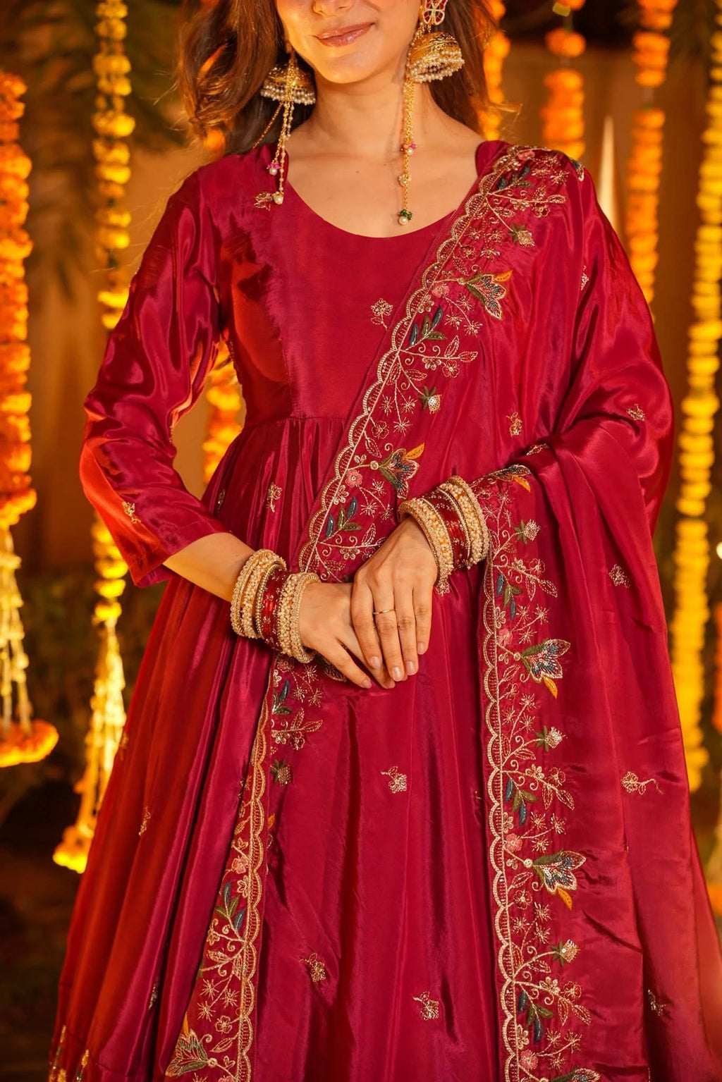 Red Floral Embroidered French Crepe Anarkali Suit Set with Palazzo & Dupatta