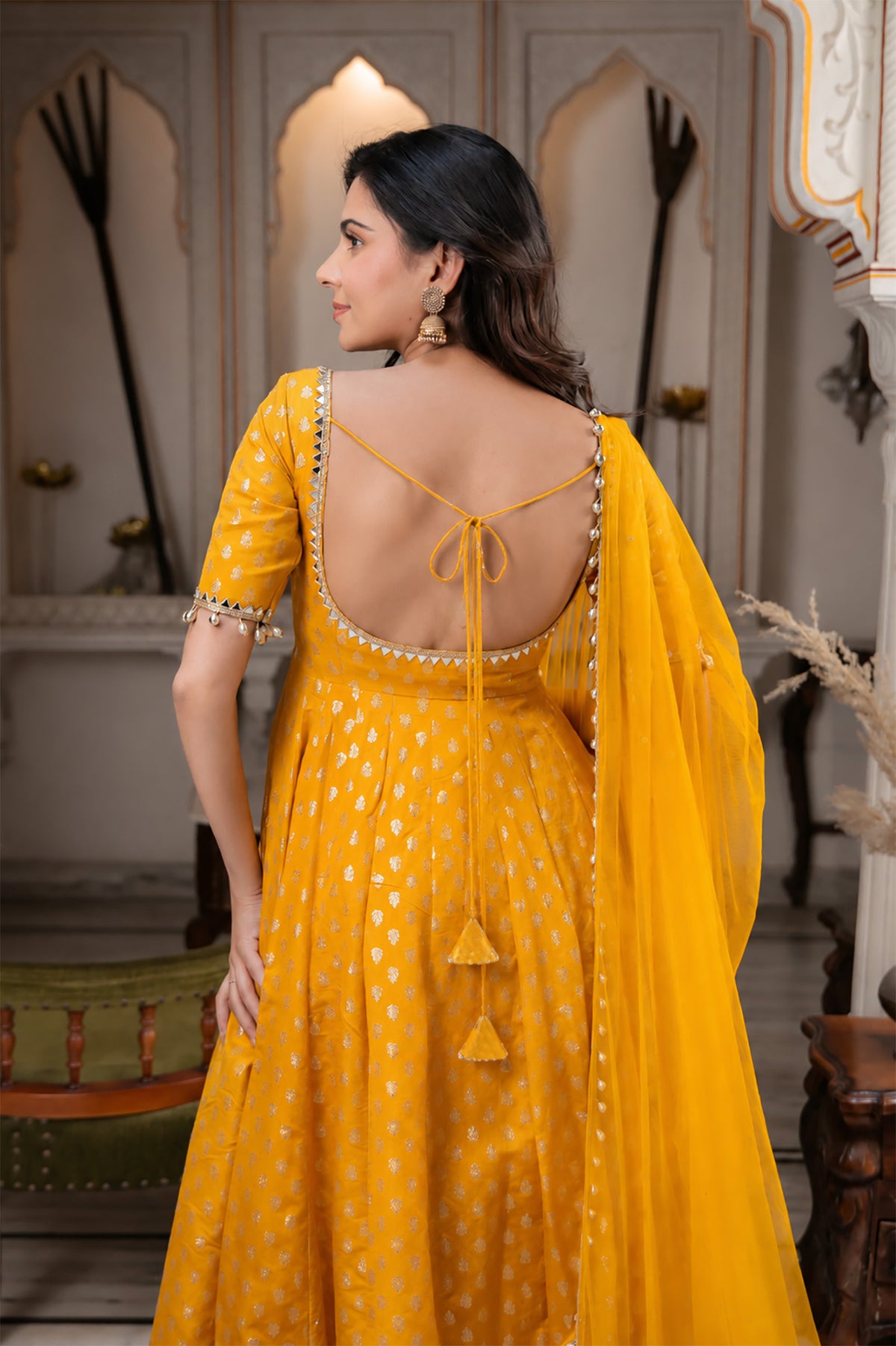 Yellow Chanderi Jacquard Anarkali Suit with Mirror Work & Dupatta