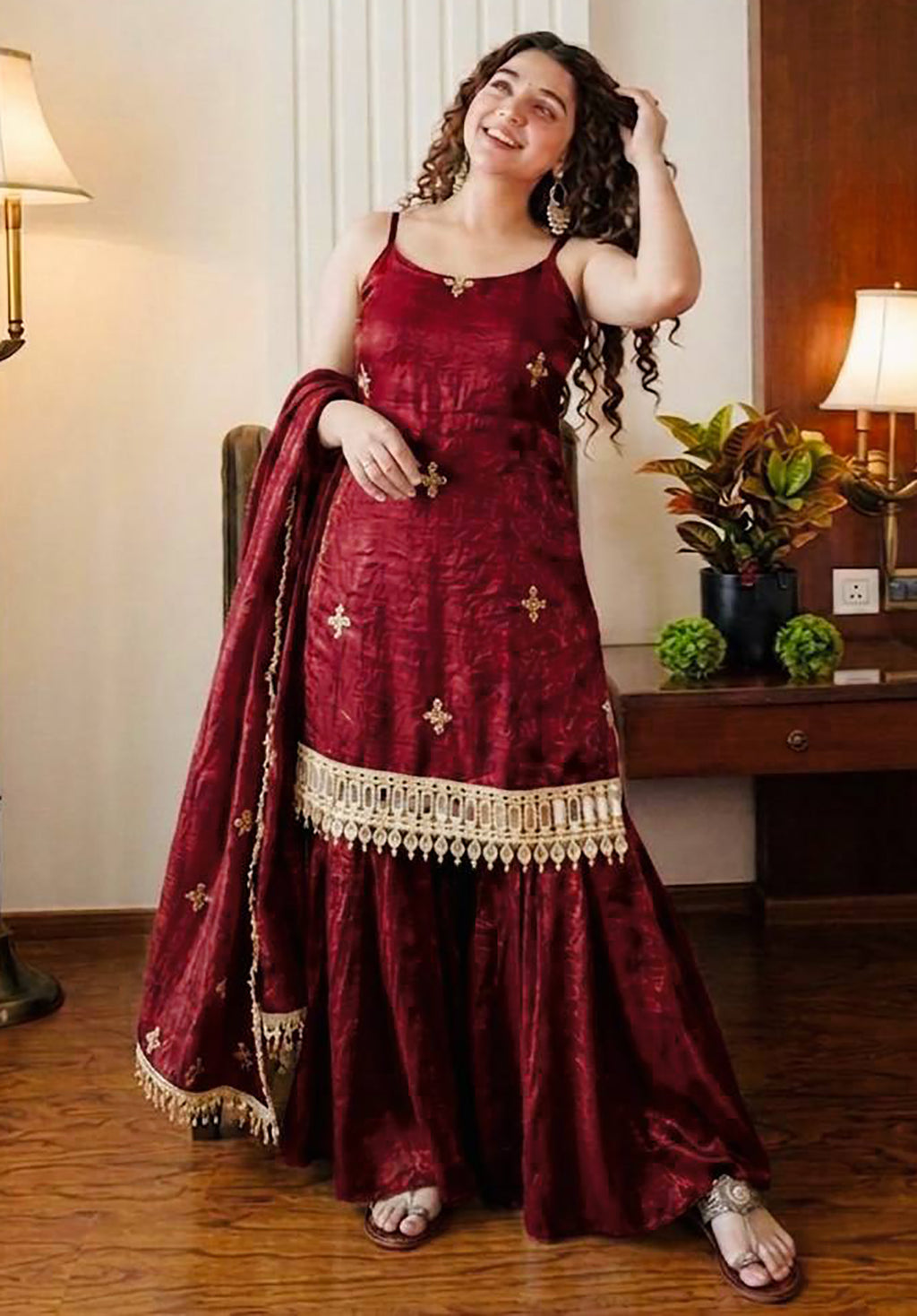 Maroon Fendy Silk Sharara Set with Mirror Work & Dupatta
