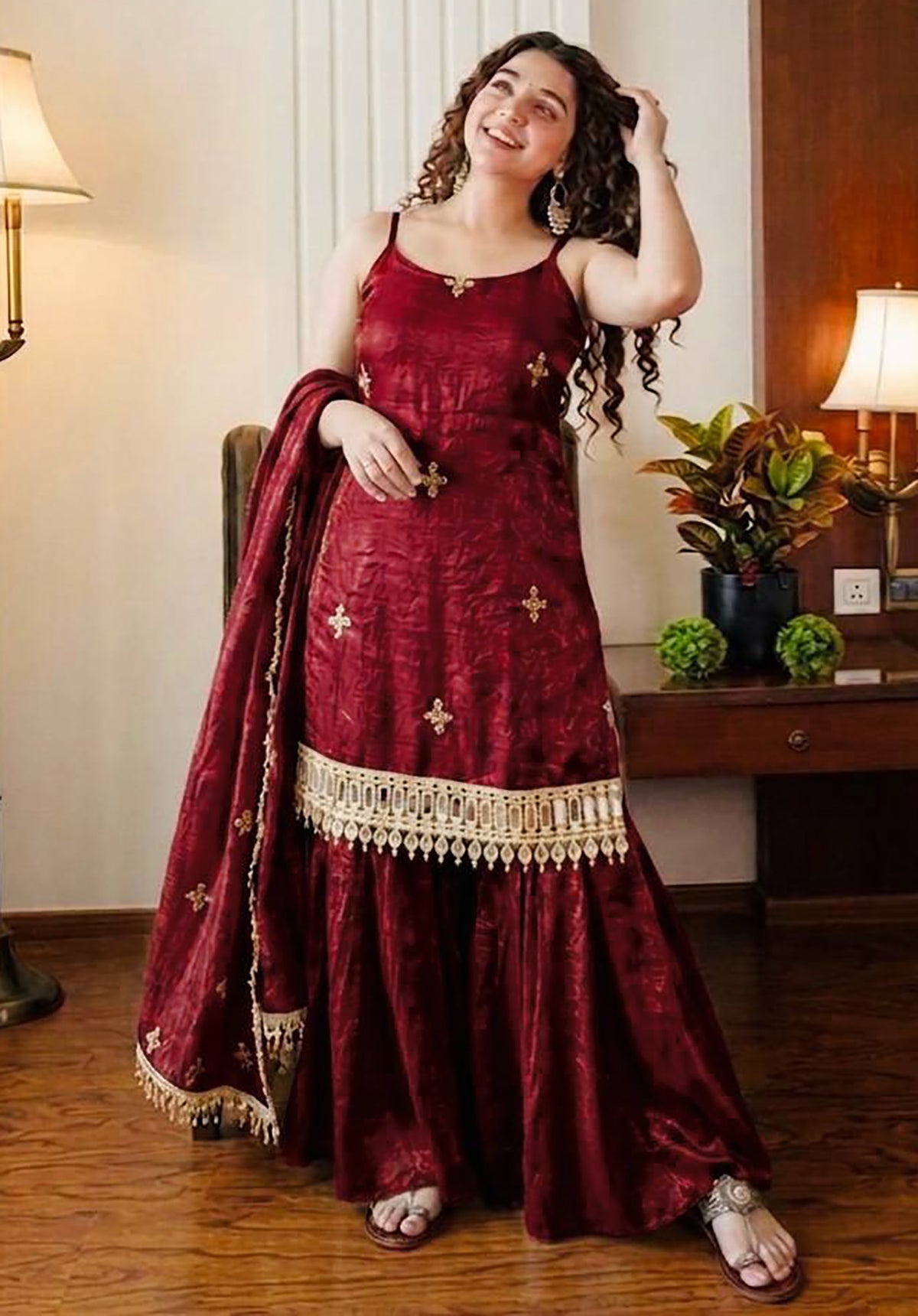 Maroon Fendy Silk Sharara Set with Mirror Work & Dupatta