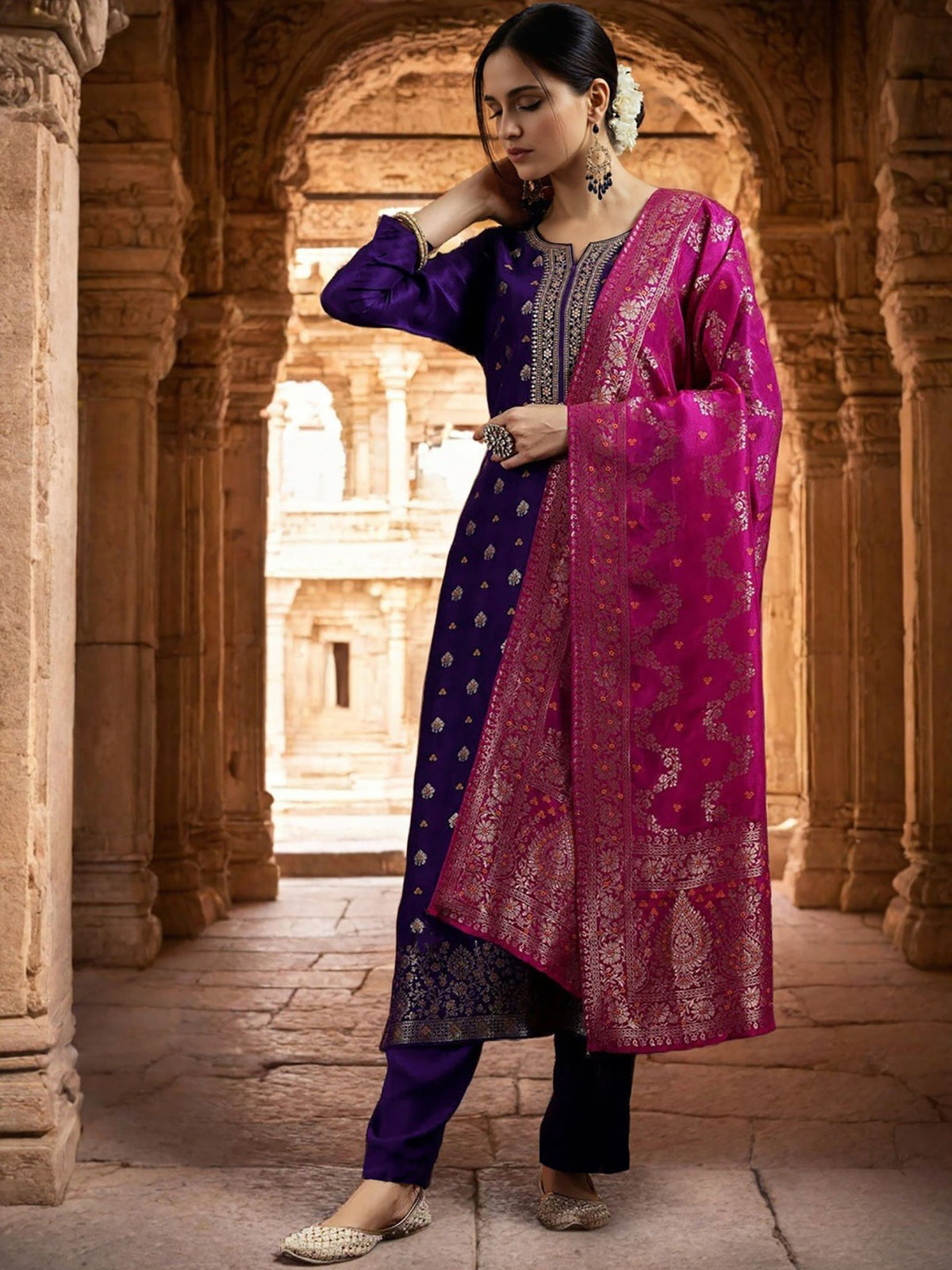 Violet Wooglee Embroidered Kurta Pant Dupatta Set for Women