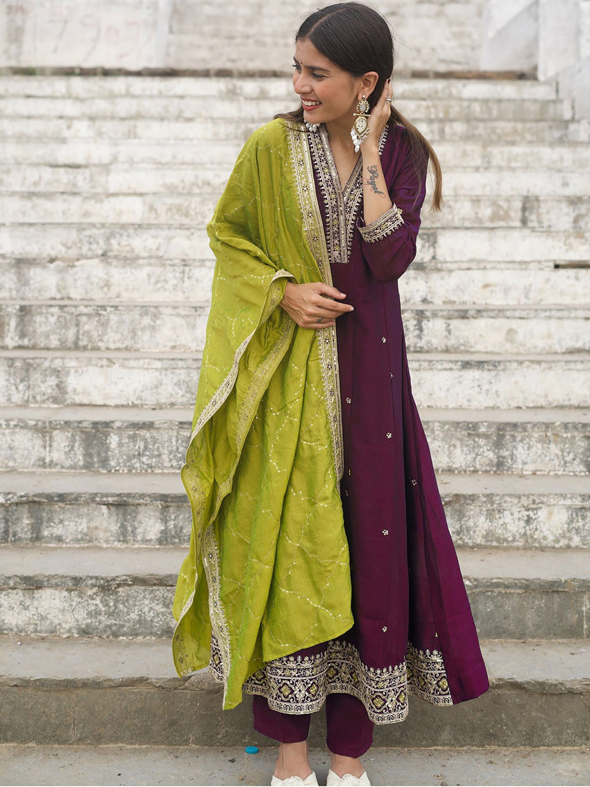 Wine Embroidered Vichitra Anarkali Kurta Set with Green Dupatta