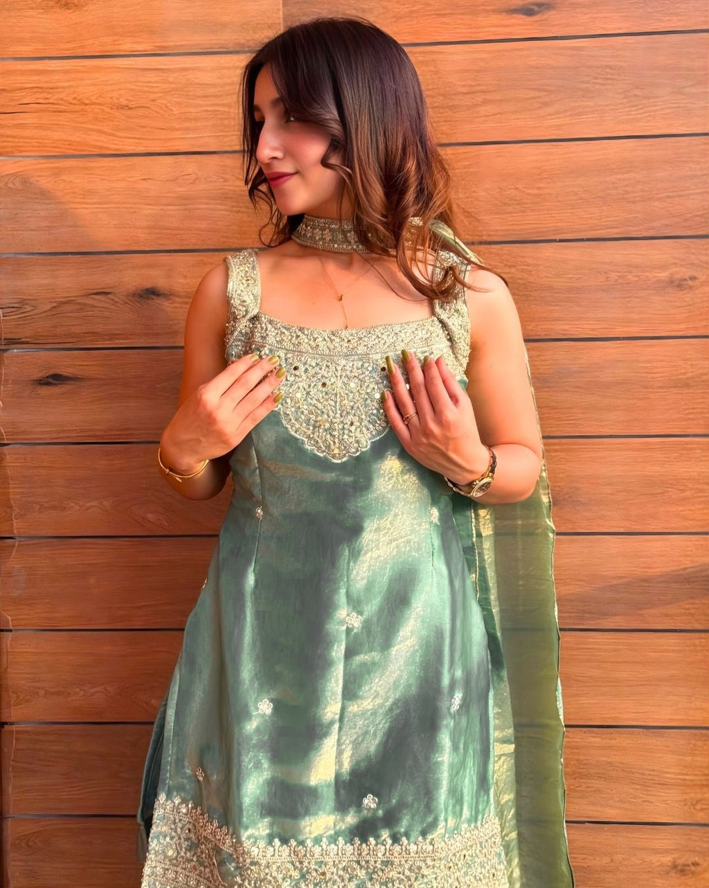 Mint Green Fendy Silk Sharara Suit with Sequin Embroidery & Dupatta
