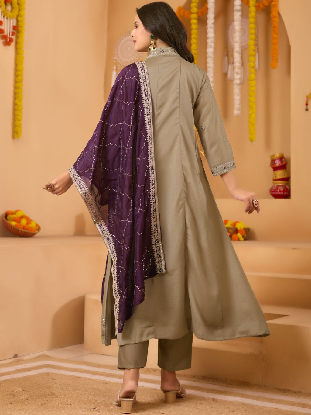 Beige Embroidered Vichitra Anarkali Kurta Set with Wine Dupatta