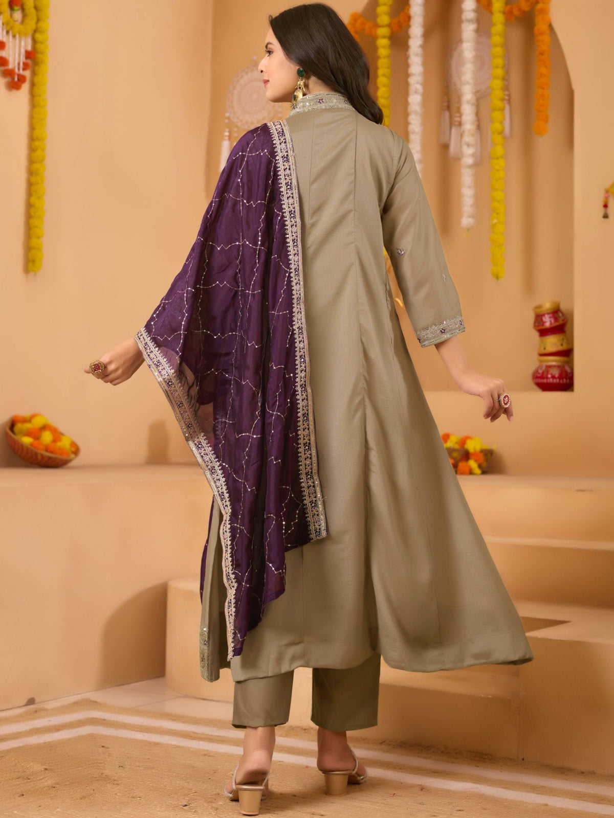 Beige Embroidered Vichitra Anarkali Kurta Set with Wine Dupatta