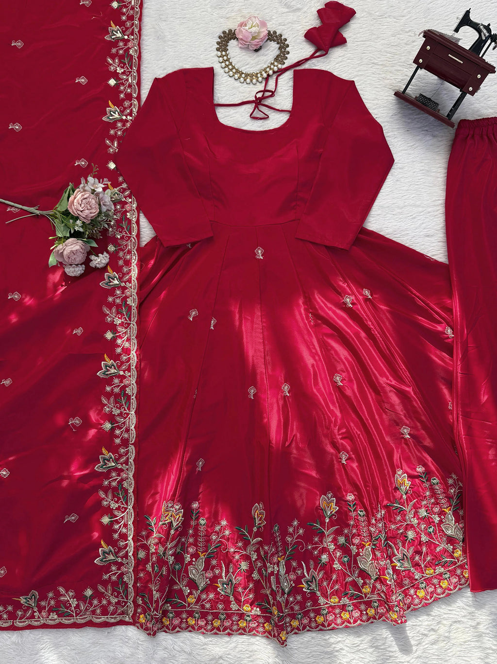 Red Floral Embroidered French Crepe Anarkali Suit Set with Palazzo & Dupatta