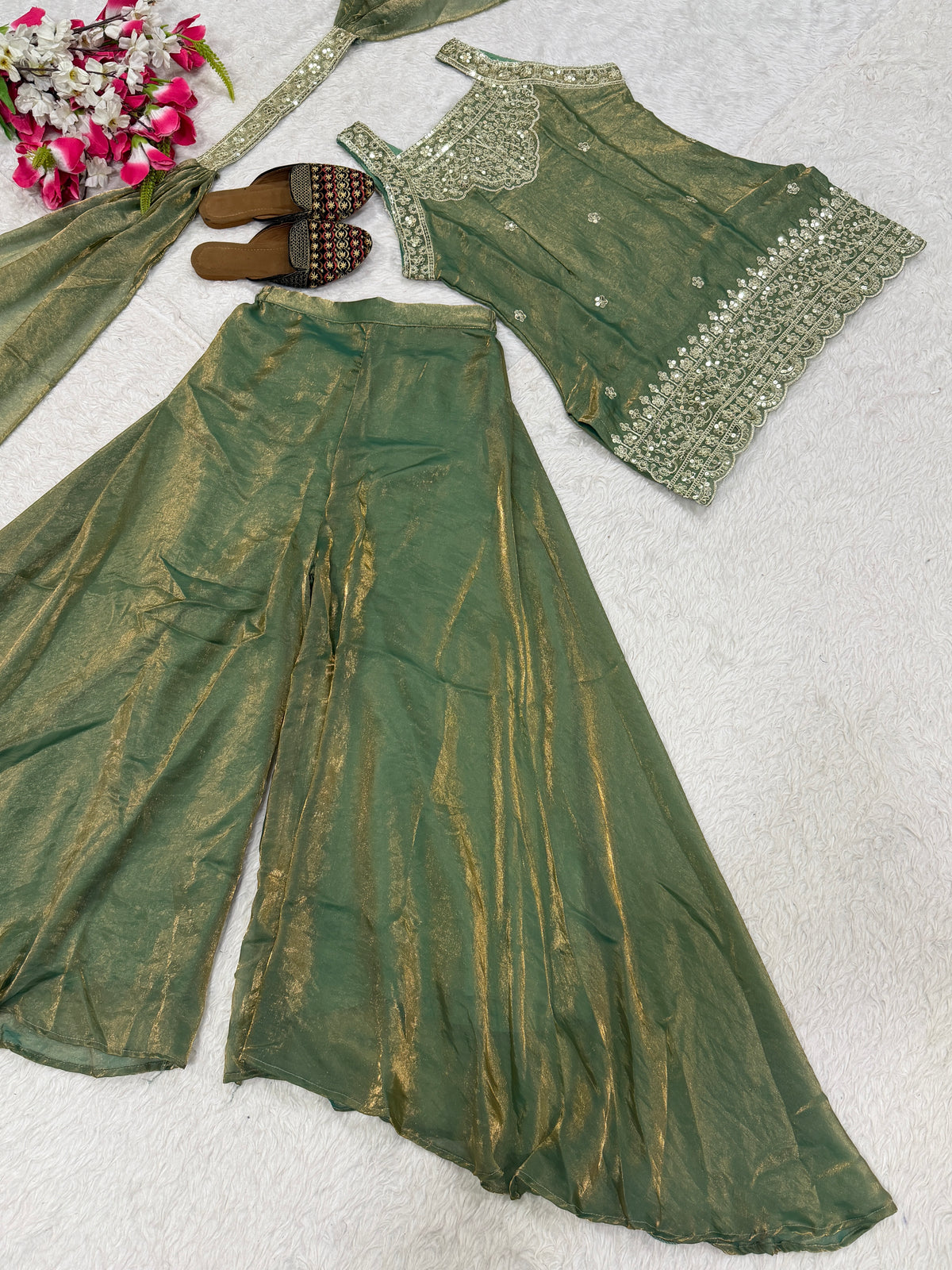 Mint Green Fendy Silk Sharara Suit with Sequin Embroidery & Dupatta