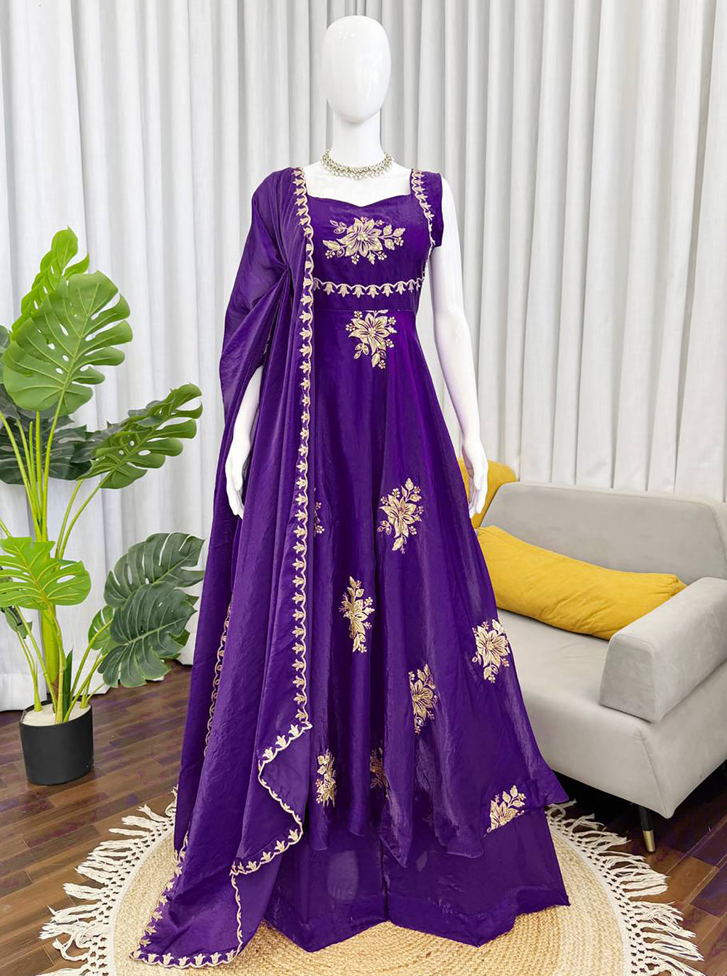 Violet Fendy Silk Anarkali Suit with Zari Sequin Work & Dupatta