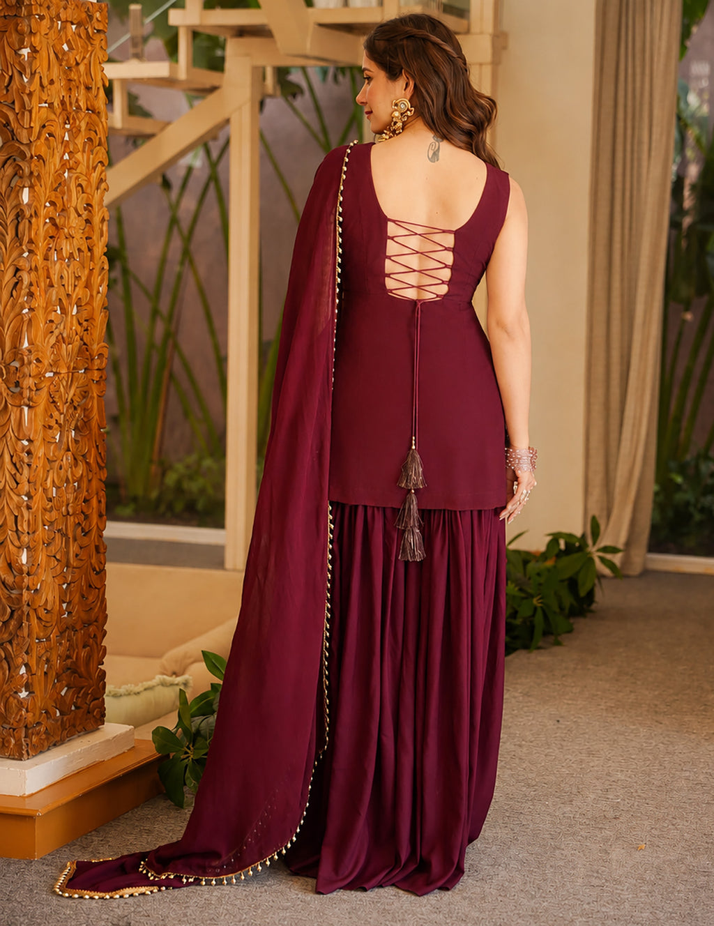 Maroon Embroidered French Crepe Kurta Sharara Set with Dupatta