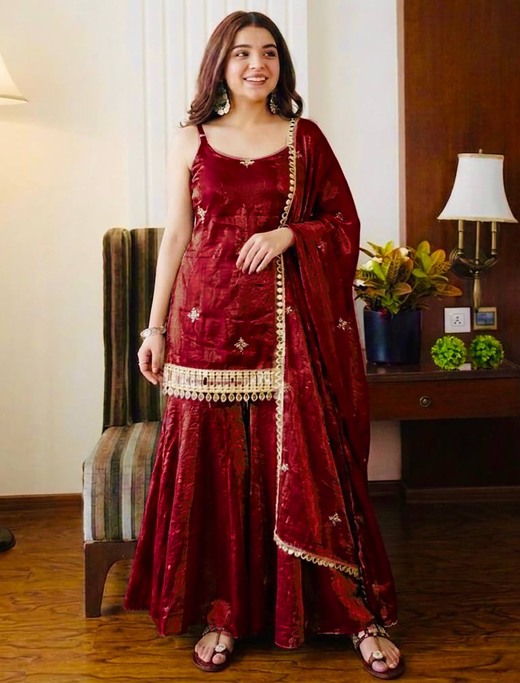 Maroon Fendy Silk Sharara Set with Mirror Work & Dupatta