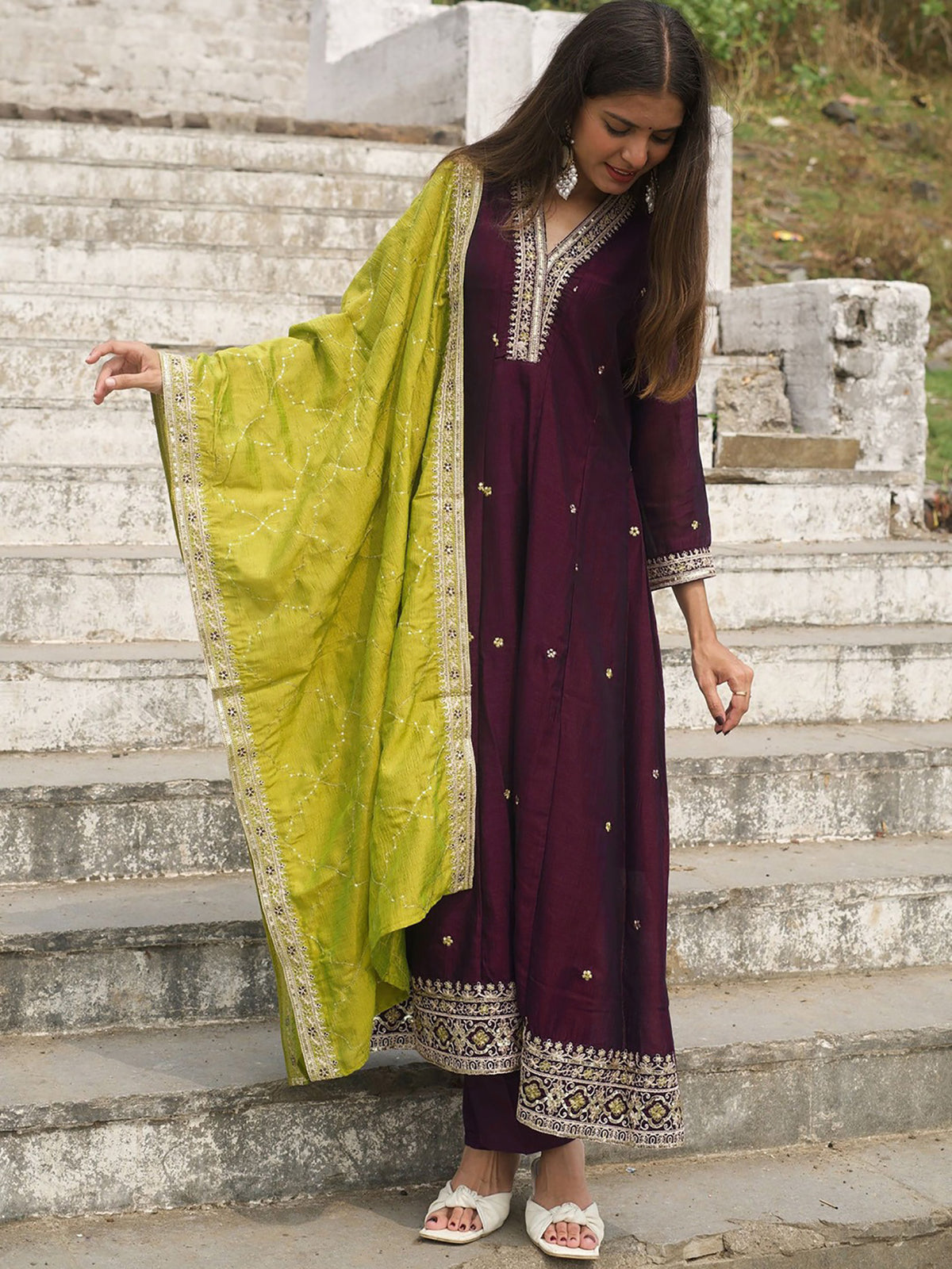 Wine Embroidered Vichitra Anarkali Kurta Set with Green Dupatta