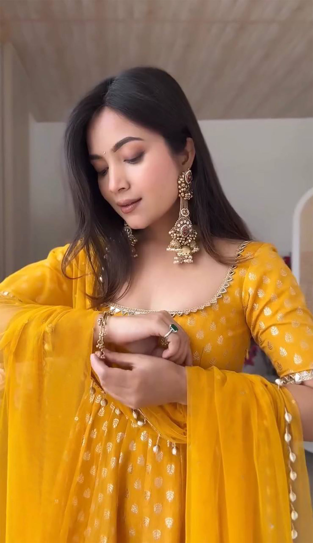 Yellow Chanderi Jacquard Anarkali Suit with Mirror Work & Dupatta