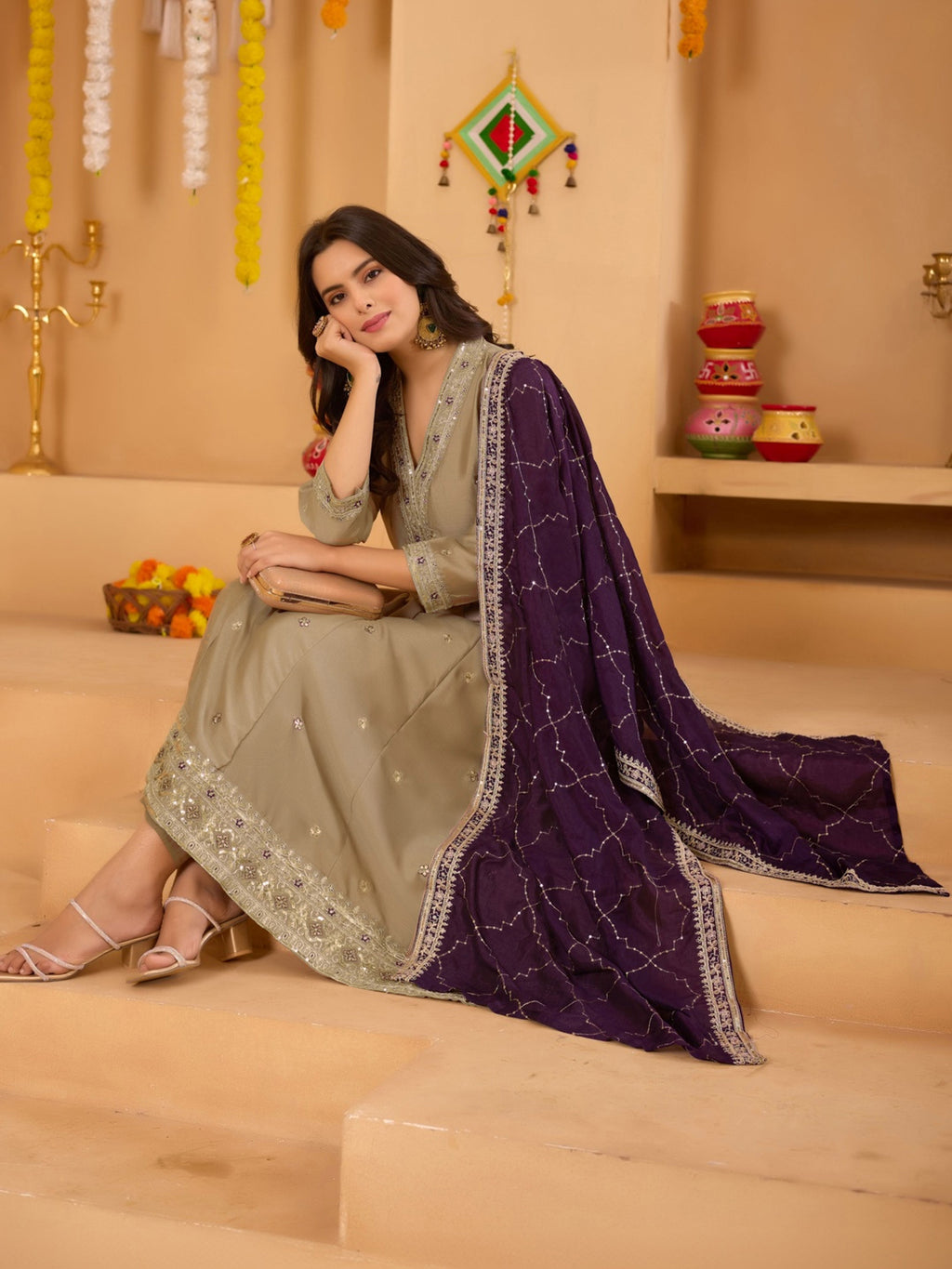 Beige Embroidered Vichitra Anarkali Kurta Set with Wine Dupatta
