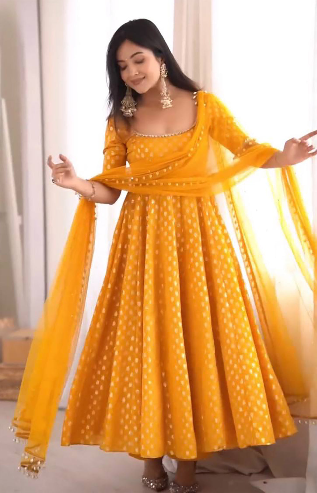 Yellow Chanderi Jacquard Anarkali Suit with Mirror Work & Dupatta