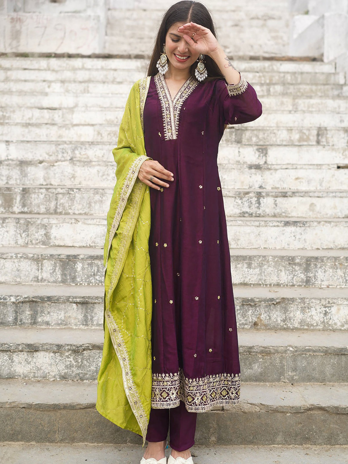 Wine Embroidered Vichitra Anarkali Kurta Set with Green Dupatta