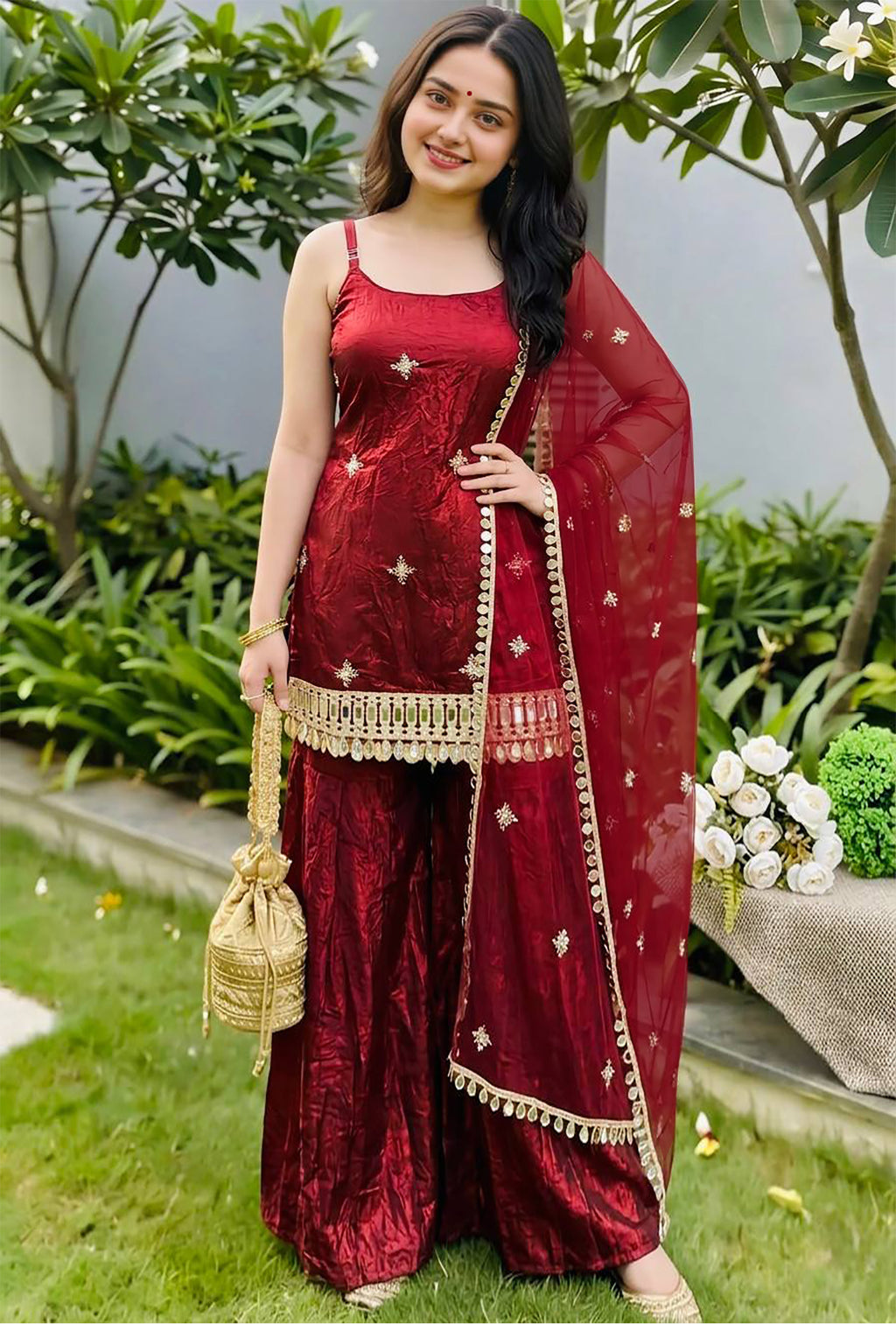 Maroon Fendy Silk Sharara Set with Mirror Work & Dupatta