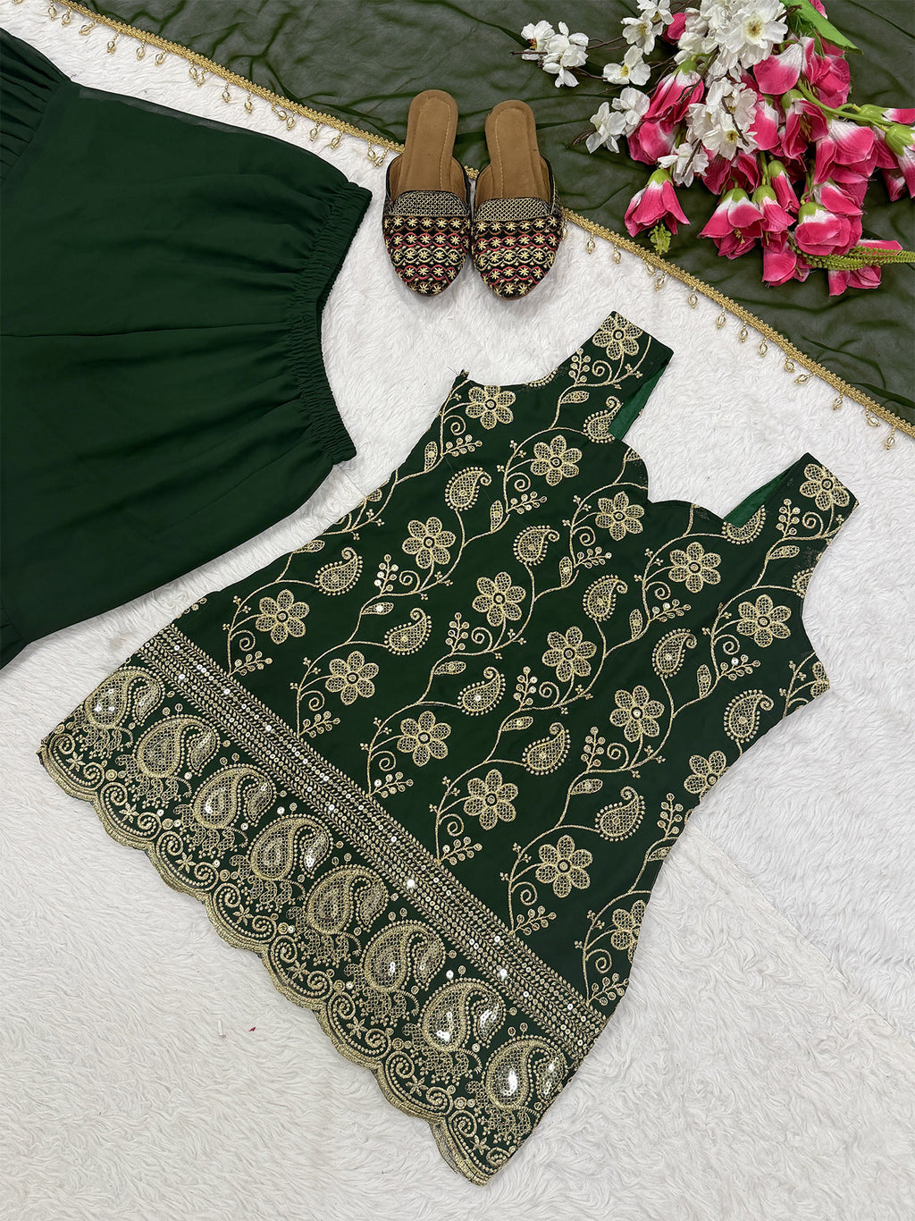 Dark Green Embroidered French Crepe Kurta Sharara Set with Dupatta