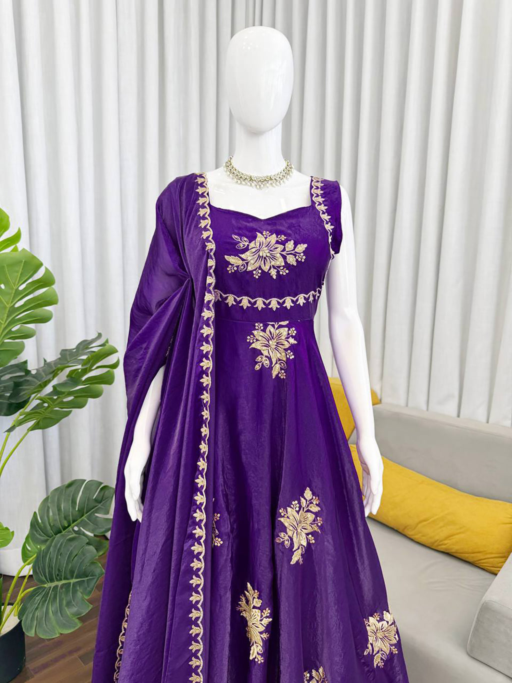 Violet Fendy Silk Anarkali Suit with Zari Sequin Work & Dupatta