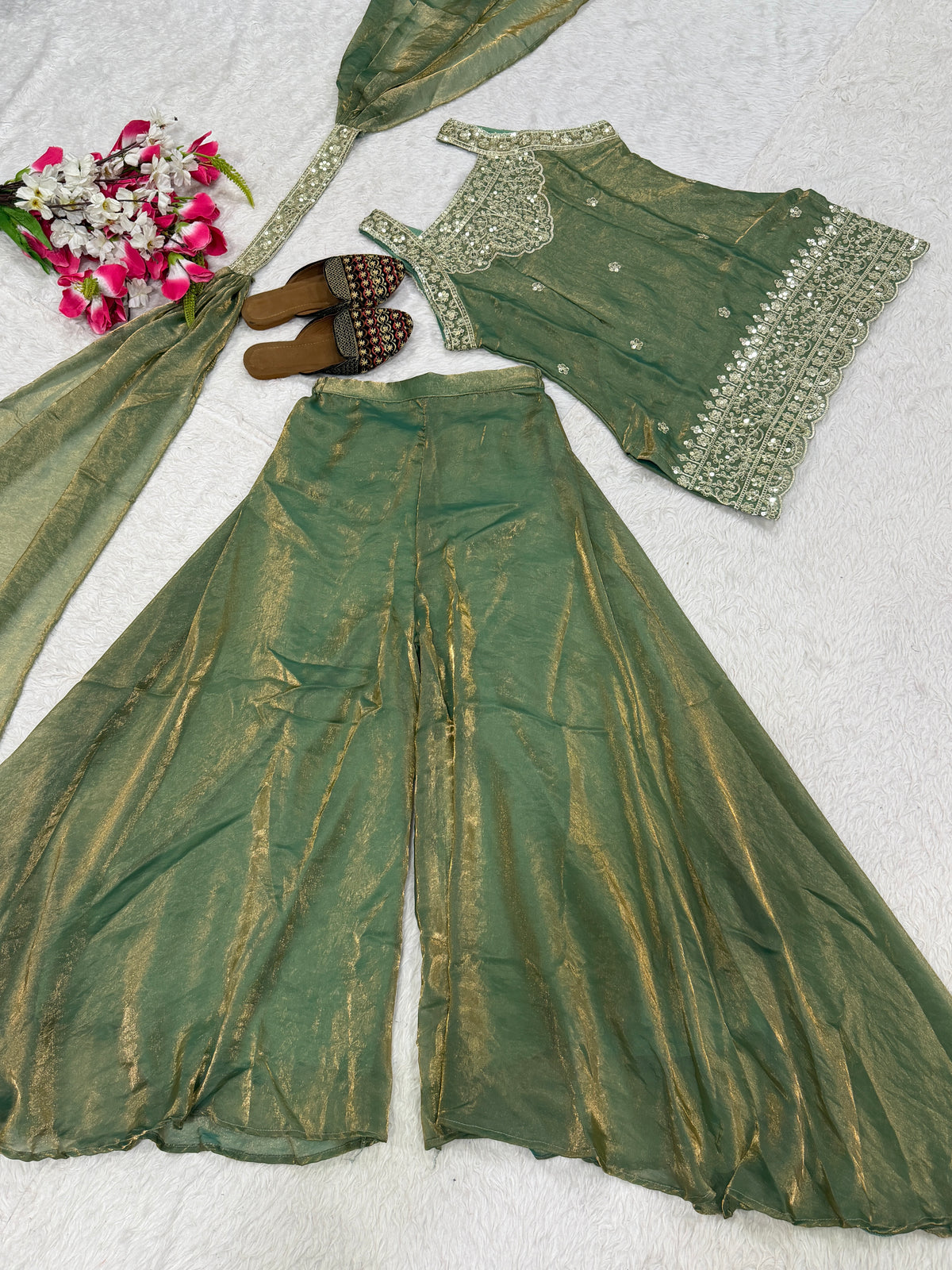 Mint Green Fendy Silk Sharara Suit with Sequin Embroidery & Dupatta