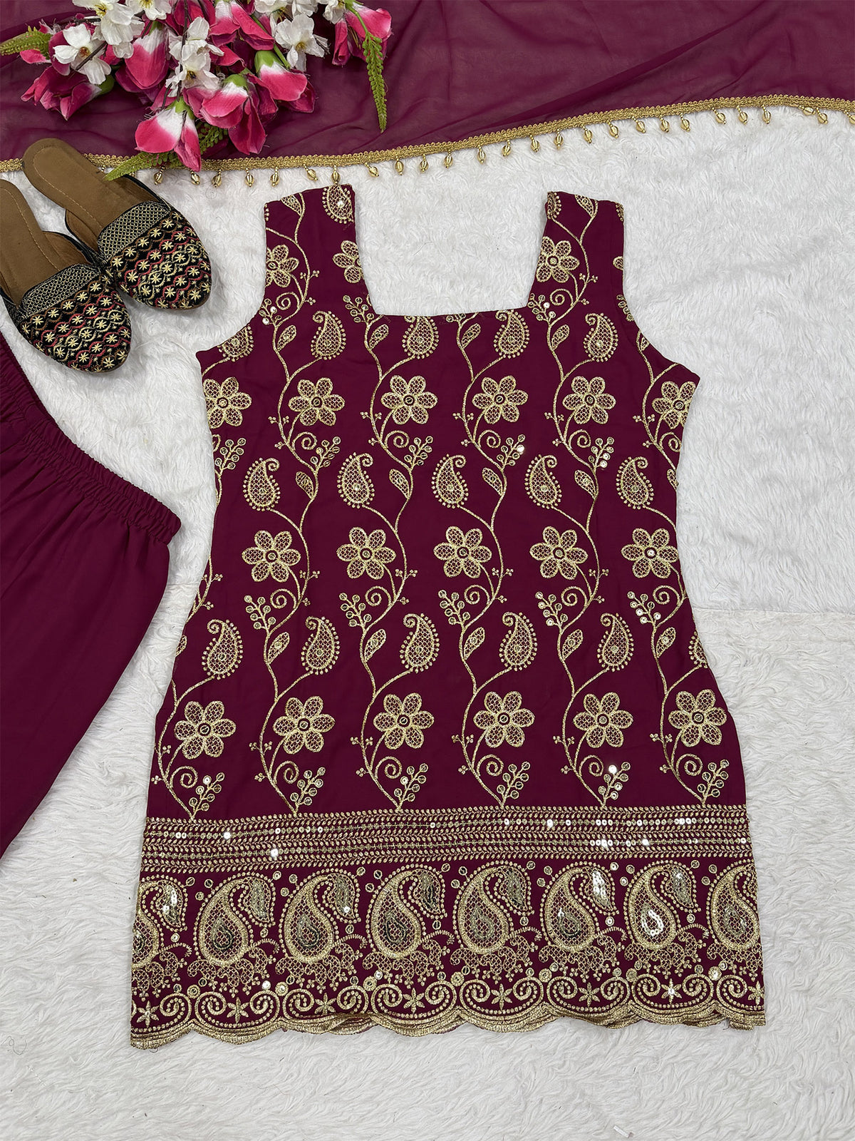 Maroon Embroidered French Crepe Kurta Sharara Set with Dupatta