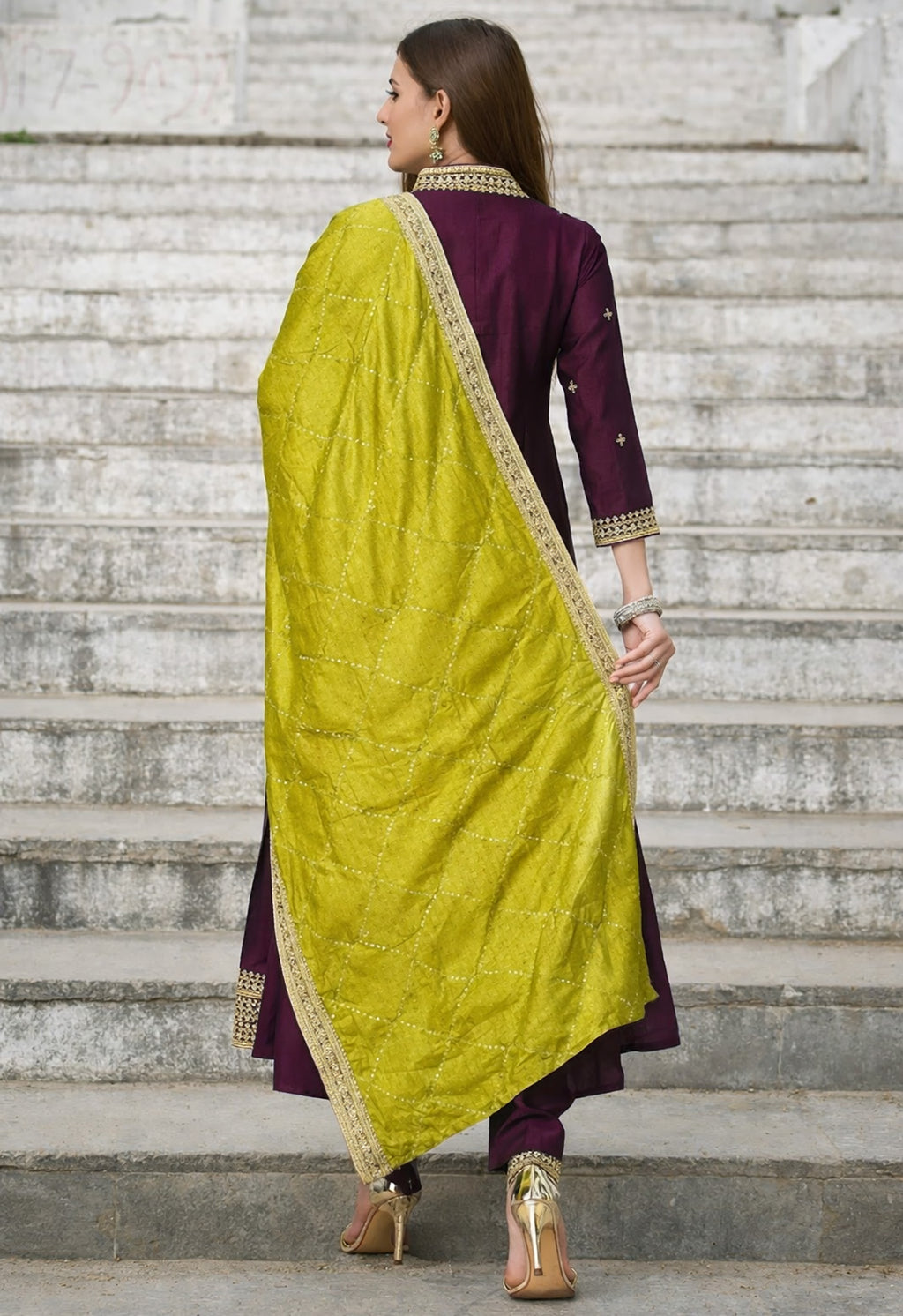 Wine Embroidered Vichitra Anarkali Kurta Set with Green Dupatta