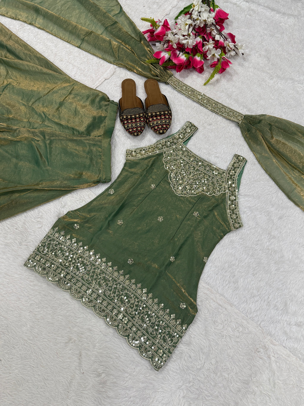 Mint Green Fendy Silk Sharara Suit with Sequin Embroidery & Dupatta