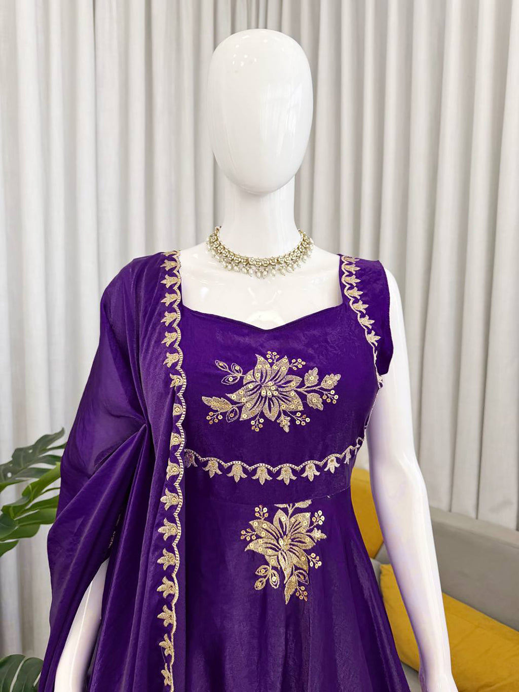 Violet Fendy Silk Anarkali Suit with Zari Sequin Work & Dupatta