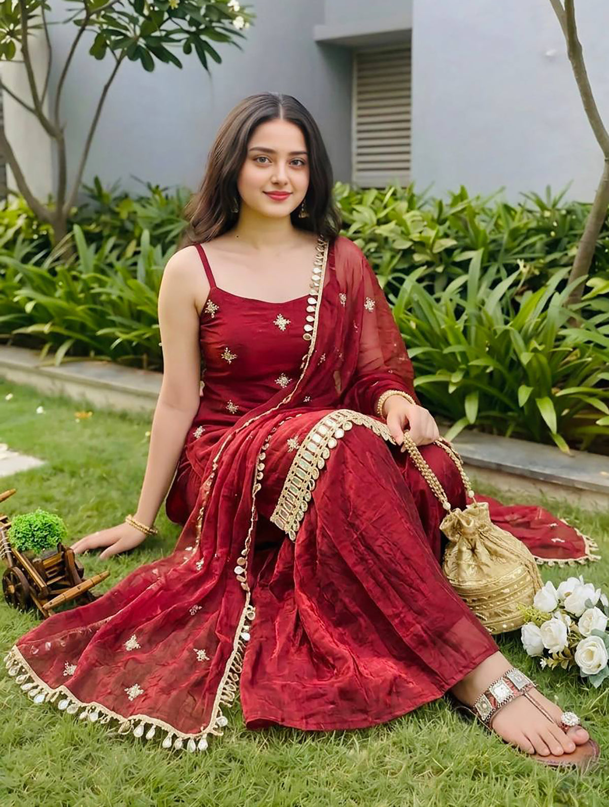 Maroon Fendy Silk Sharara Set with Mirror Work & Dupatta